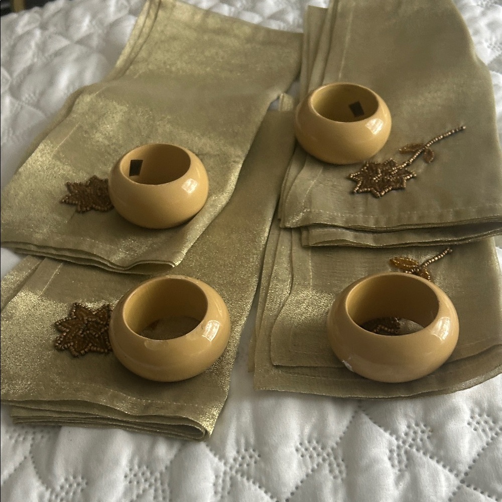 Gold Sheer Napkin 4 piece Set with Beaded flower embroidery and napkin Rings